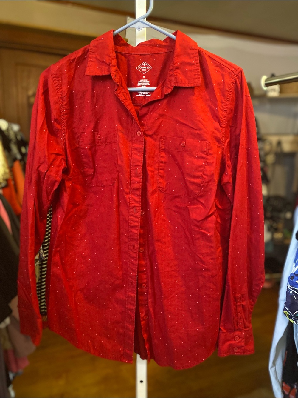 St. John's Bay Red Button-Down Long Sleeve Shirt with Subtle Dot Texture